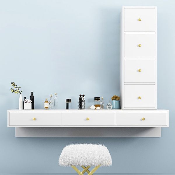 Modern White Floating Desk with Drawers Wall Mounted Desk in Pine Wood Frame