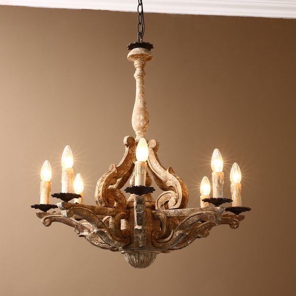 Retro French Country Carved Wood 8, Carved Wood Tassel Chandelier