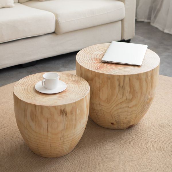 Round Natural Pine Wood Drum 2 Piece, Wooden Drum Coffee Tables
