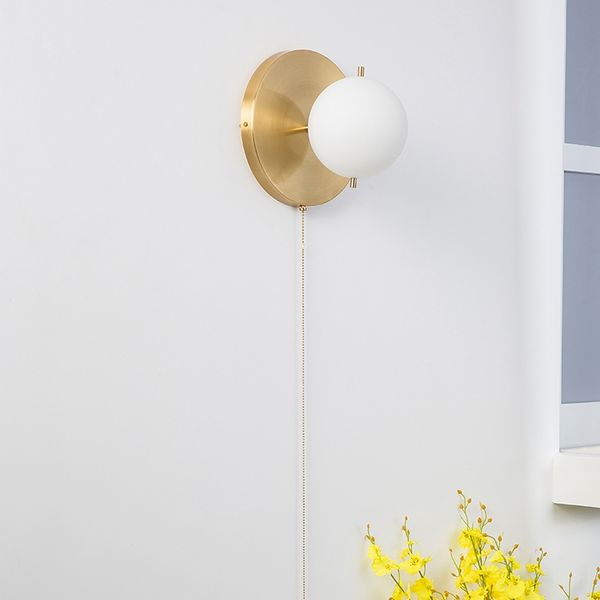 Gidu Mid-Century Wall Light with Pull Chain Switch Glass Globe 1-Light Pull  Chain Light Fixture in Gold