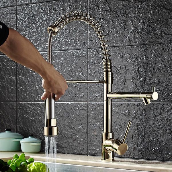 Luxury Brass Brushed Gold Kitchen Faucet Sink Pull Out Spray Mixer Kitchen Tap 