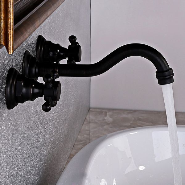 STIGES Double Cross Handle Wall Mount Brass Faucet Widespread Bathroom Basin Sink Mixer Tap Matte Black 