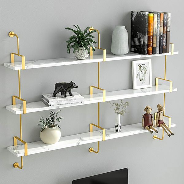 3 Tier Modern Wall Mounted Shelves Long, White Floating Shelves With Gold Brackets