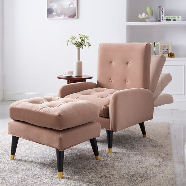 Pink Velvet Upholstered Chaise Lounge Chair with Ottoman &amp; Adjustable Back