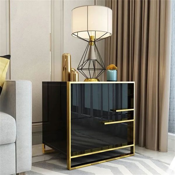 modern 2 drawer black lacquer nightstand in gold