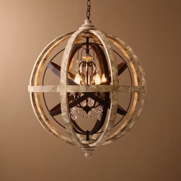 5 Light Retro Globe Weathered Wood, Wood And Iron Globe Chandelier