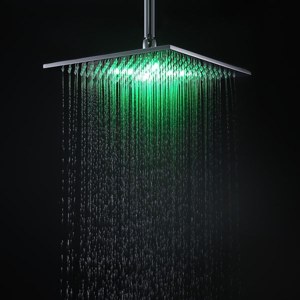 Polished Chrome 12 Inch Round LED Lighted Rainfall Shower Head Solid Brass 