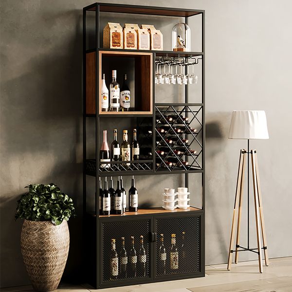 Industrial Tall Black Bar Wine Rack Cabinet with Glass Holder Wood Home Bar  Cabinet-Homary