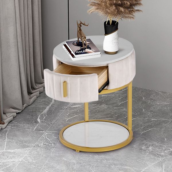 white round stone side table with drawer velvet gold finish