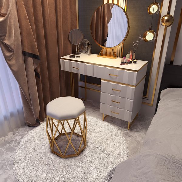 Bedroom Makeup Desk Oval Mirror & Stool Set White Dressing Table 5 Drawer 