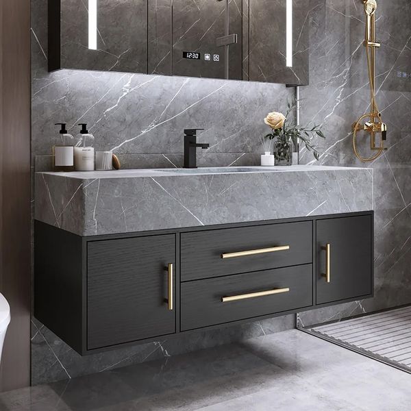Modern 1000mm Floating Black Bathroom Vanity Stone Top Wall Mounted Cabinet Homary - 12 Inch Wide Wall Mounted Bathroom Cabinet