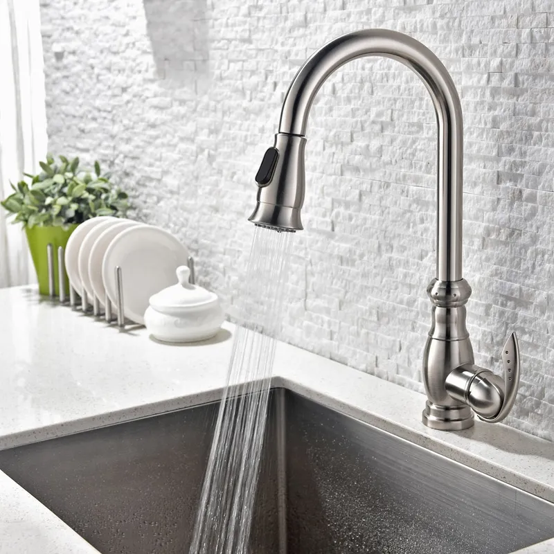 Swan Neck Pull-out Spray Kitchen Faucet with Single Handle in Brushed Nickel