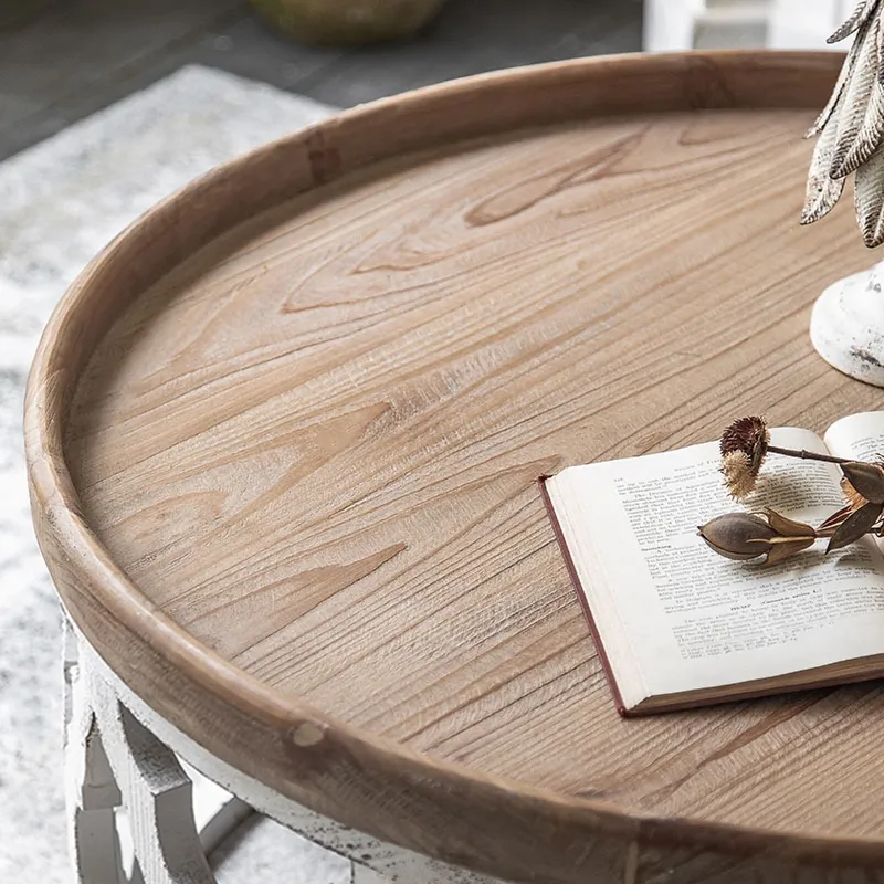 Porchway White Round Coffee Table with Tray Tabletop Wooden Carved Accent Table