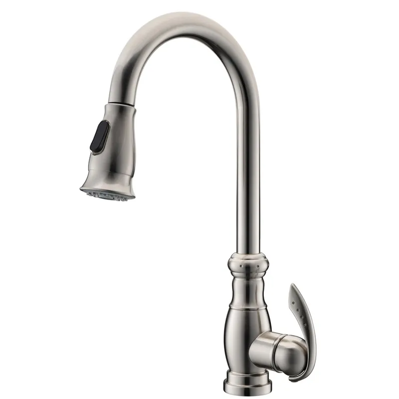 Swan Neck Pull-out Spray Kitchen Faucet with Single Handle in Brushed Nickel