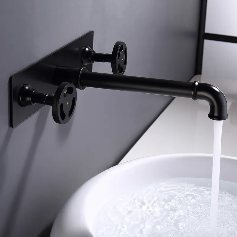 Ruth Industrial Pipe Matte Black Wall Mounted Bathroom Sink Faucet Double Handles Solid Brass
