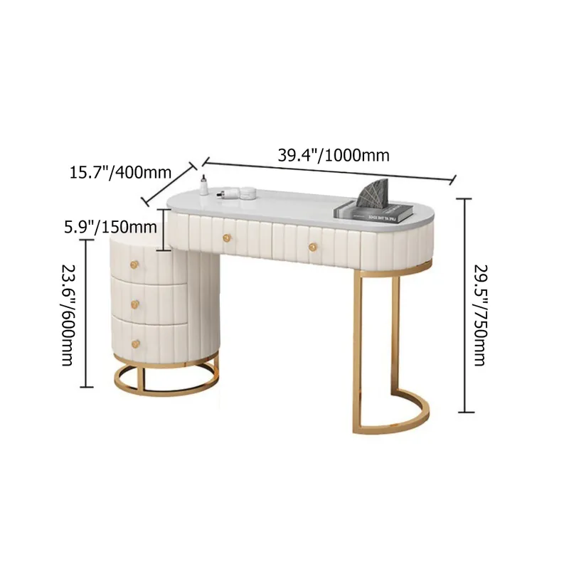 Epaule White Makeup Vanity Expandable Upholstered Dressing Table with 5 Drawers Gold