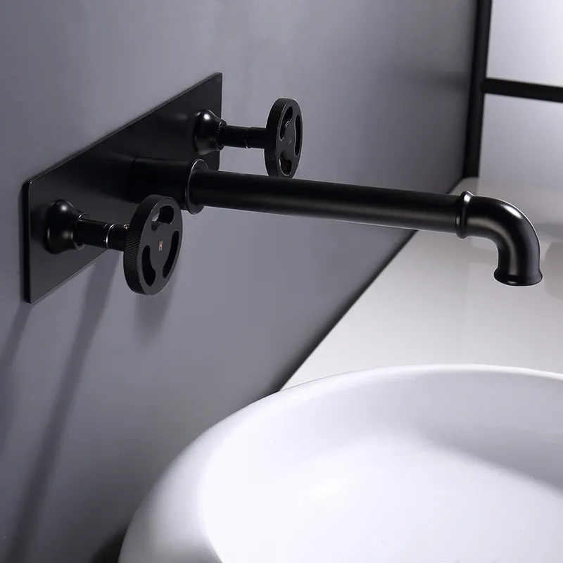 Ruth Industrial Pipe Matte Black Wall Mounted Bathroom Sink Faucet Double Handles Solid Brass