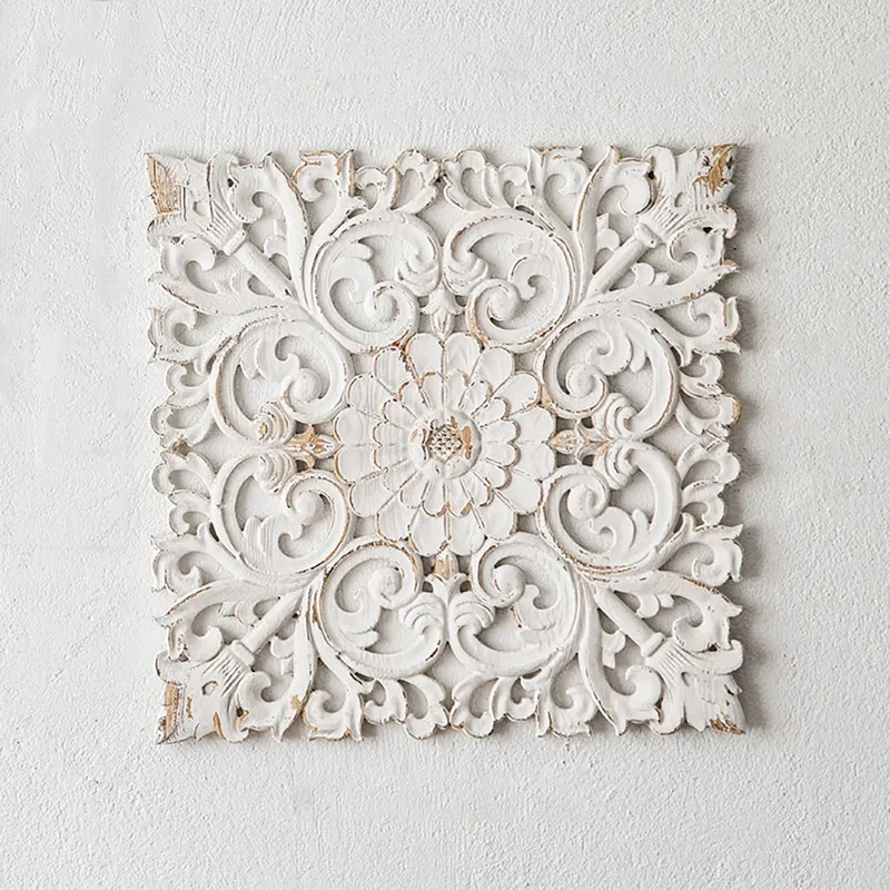 French Country Square Wood Wall Decor Distressed White Carved Flower