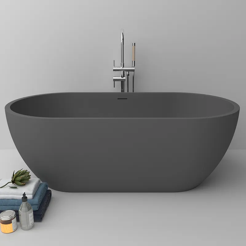 Freestanding Soaking Bathtub Stone with Center Drain & Overflow in Deep Gray