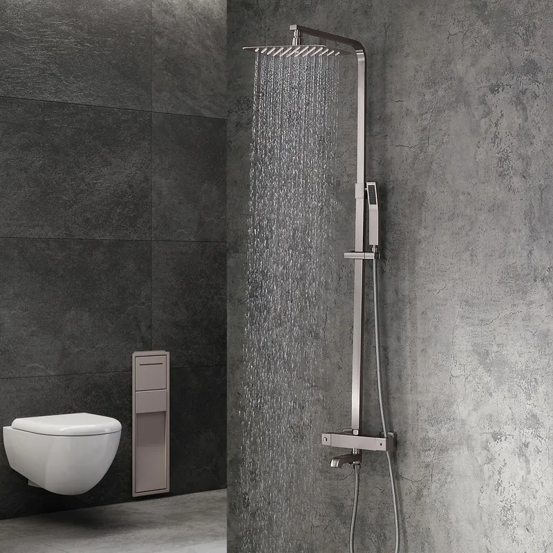 Modern Exposed Thermostastic Shower System Brushed Nickel Hand Shower & Tub Spout Brass