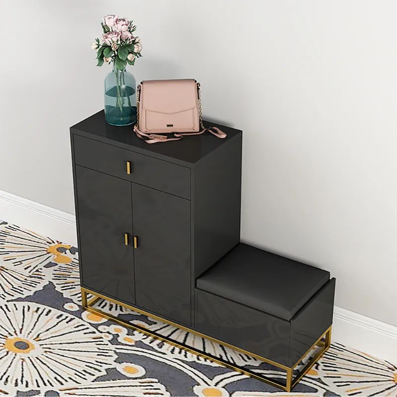 Modern Black Upholstered Shoe with Rack Flip Top Stool