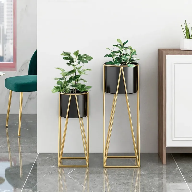 Black Plant Pots Modern Planter with Gold Stand for Indoor (Set of 2)