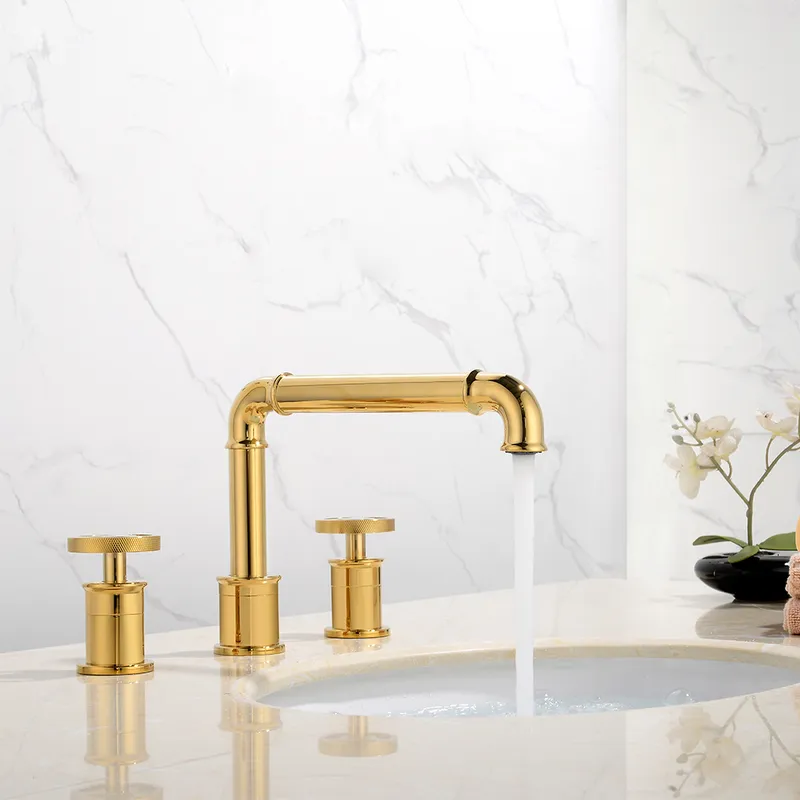 Ruth Industrial Pipe Gold Bathroom Widespread Sink Faucet