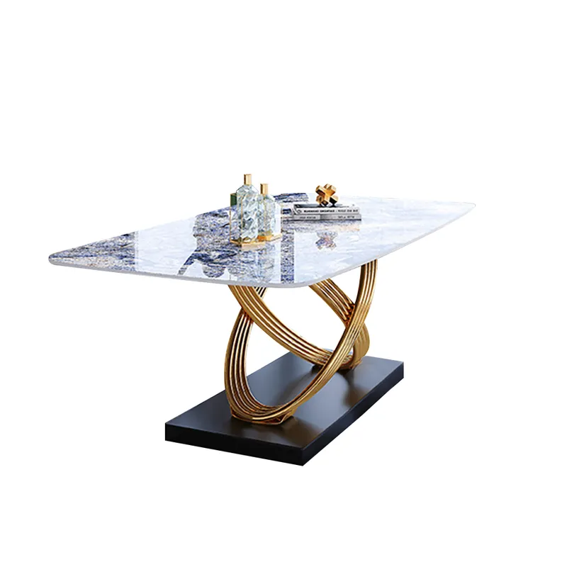Modern Rectangular Dining Table Sintered Stone Top with Gold Stainless Steel Pedestal