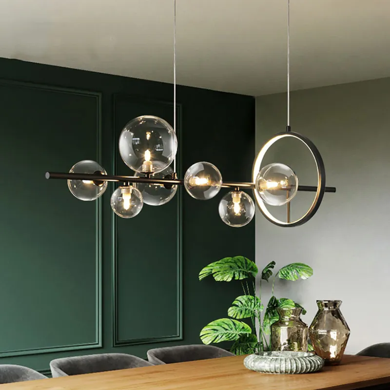 Bubi Modern Minimalist 7-Light Glass Globe Shade Kitchen Island Light in Black
