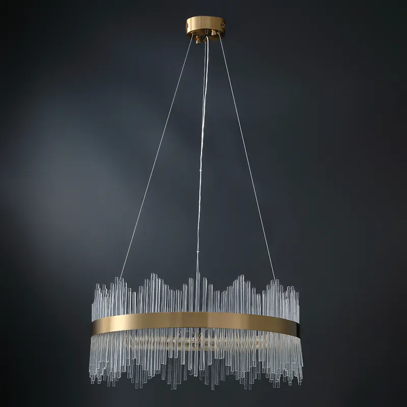 Striaged Modern Glass Chandelier with Round Frame in Brass with Adjustable Cables