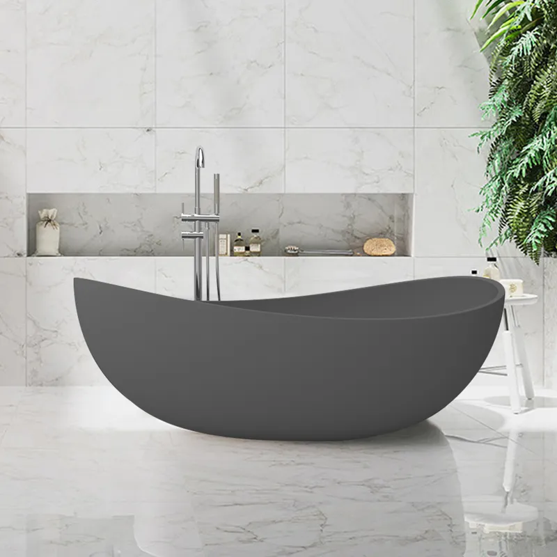 70" Contemporary Oval Freestanding Stone Resin Soaking Bathtub in Gray