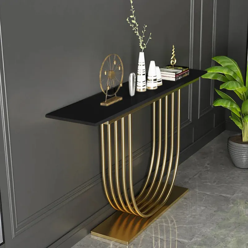 47.2" Black Solid Wood Narrow Console Table Gold Metal Pedestal Entryway Table