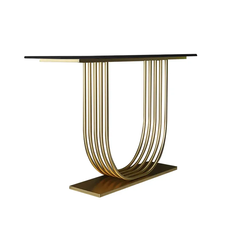 47.2" Black Solid Wood Narrow Console Table Gold Metal Pedestal Entryway Table