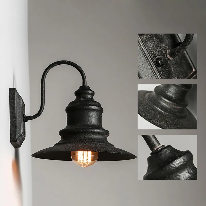 Industrial Nostalgic 1-Light Aged Metal Cone Shade Gooseneck Wall Lamp in Black