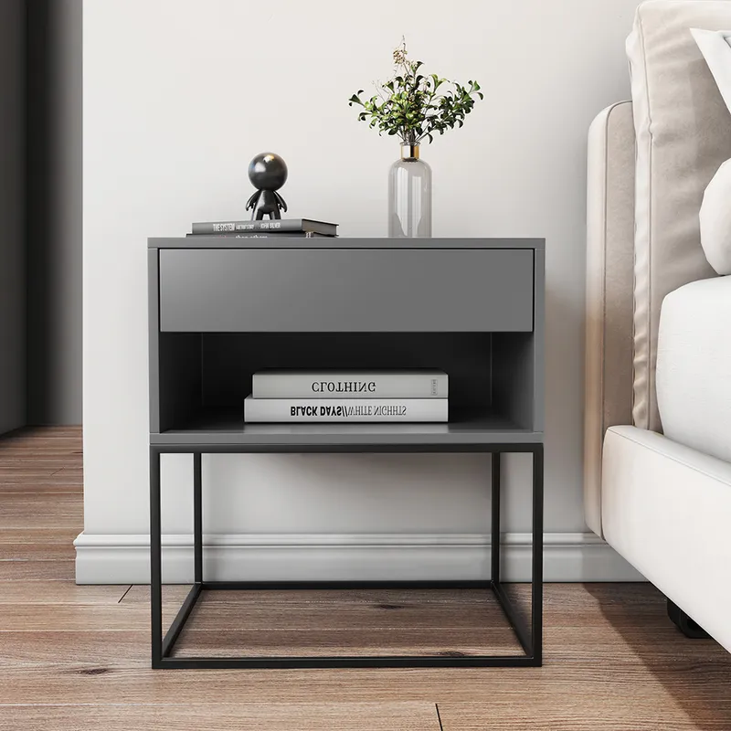 Gray Bedroom Nightstand with Drawer Bedside Table Metal Base