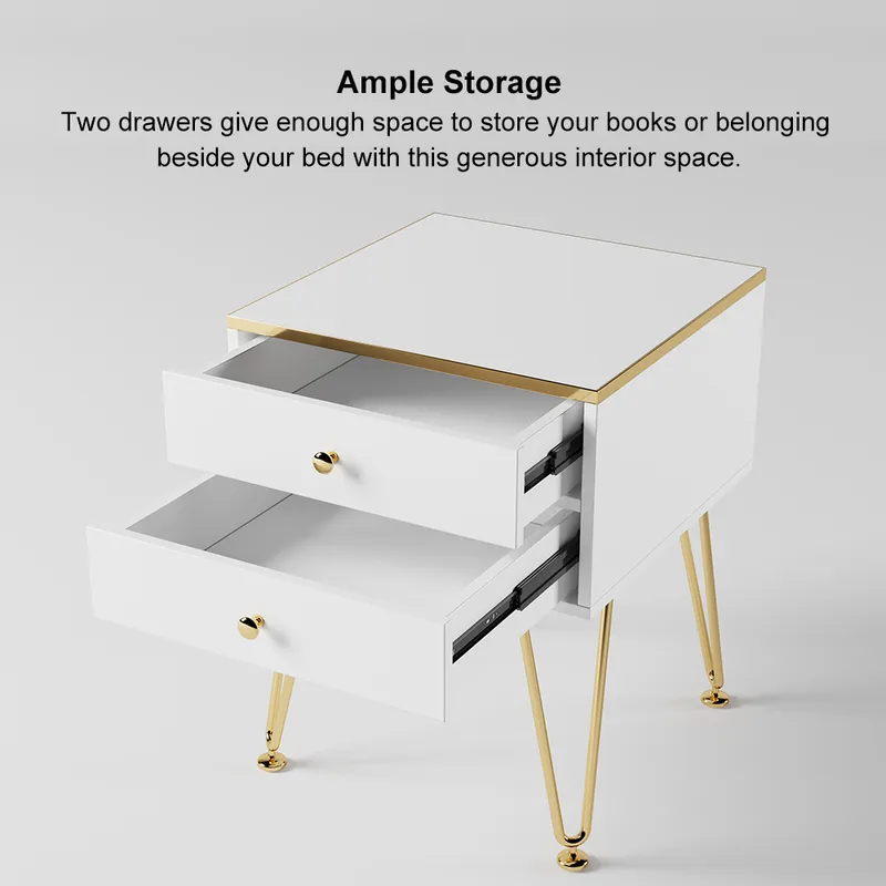White Small Nightstand with 2 Drawers Bedside Table Gold Pulls & V-Shaped Legs
