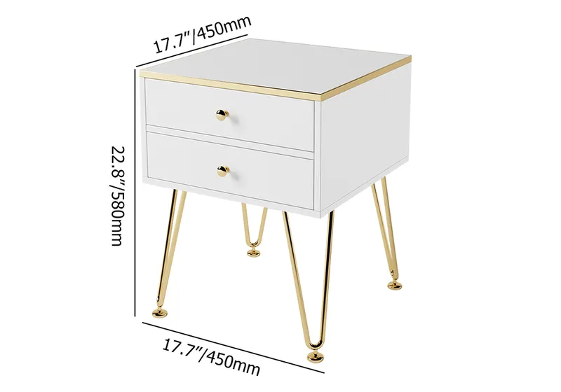 White Small Nightstand with 2 Drawers Bedside Table Gold Pulls & V-Shaped Legs