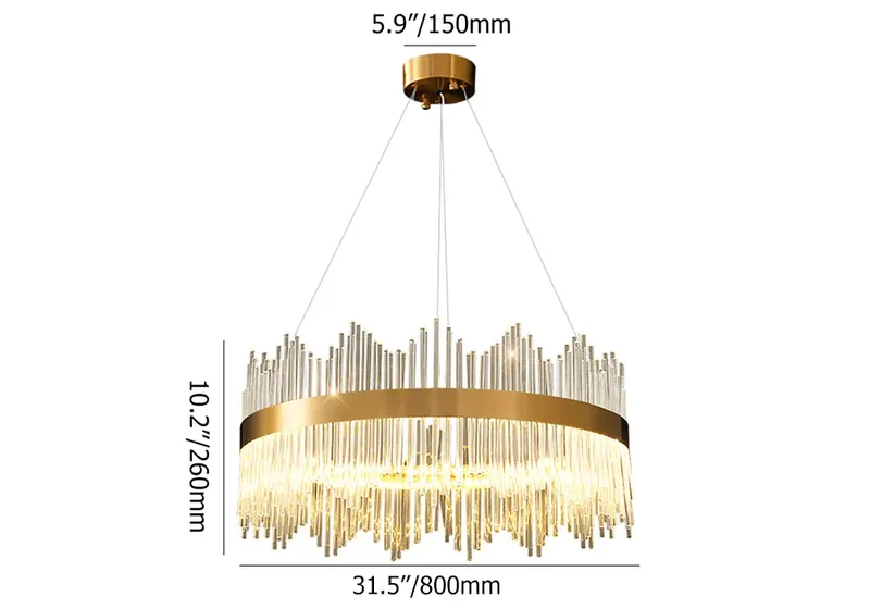 Striaged Modern Glass Chandelier with Round Frame in Brass with Adjustable Cables