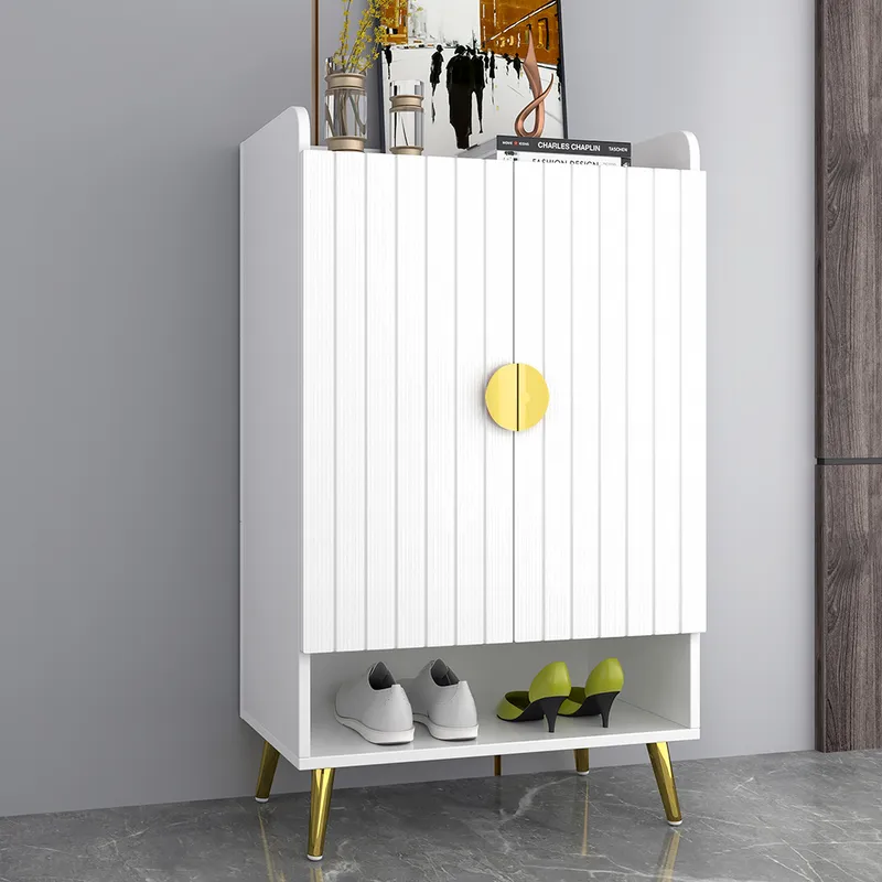 Nordic Entryway White Shoe Storage Cabinet with Doors & Open Shelves 5-Tier