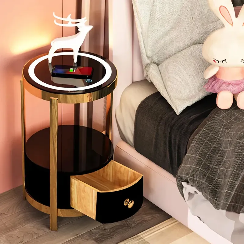 Modern Black Nightstand with LED Light Bedside Table with Wireless Charging and USB Port