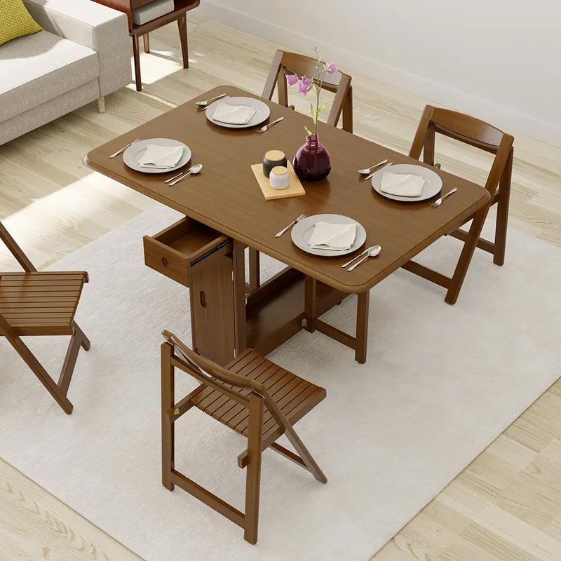 57" Modern Solid Wood Folding 5 Piece Dining Table Set for 4 in Walnut