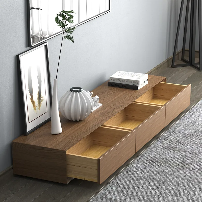 Morami Modern Walnut Rectangular TV Stand Wood Media Console 3 Drawers for TVs Up to 78"