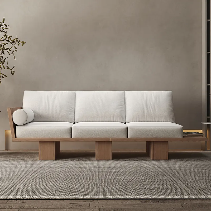 97" Walnut Japandi Solid Wood Living Room Sofa 3-Seater Cotton & Linen Upholstery