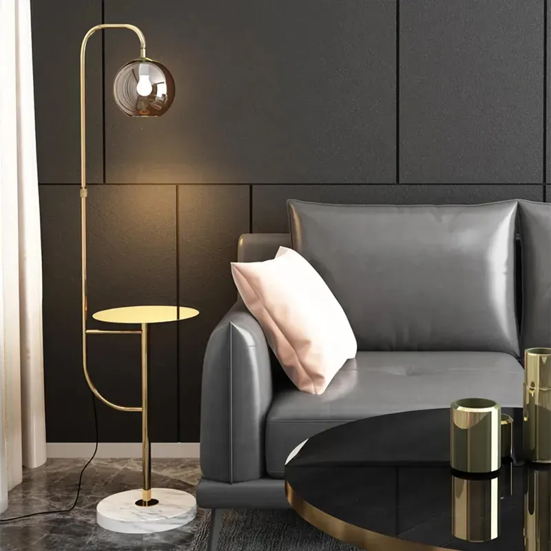 Minimalist Tray Table Floor Lamp Gold Standing Lamp with Metal Base & Glass Shade