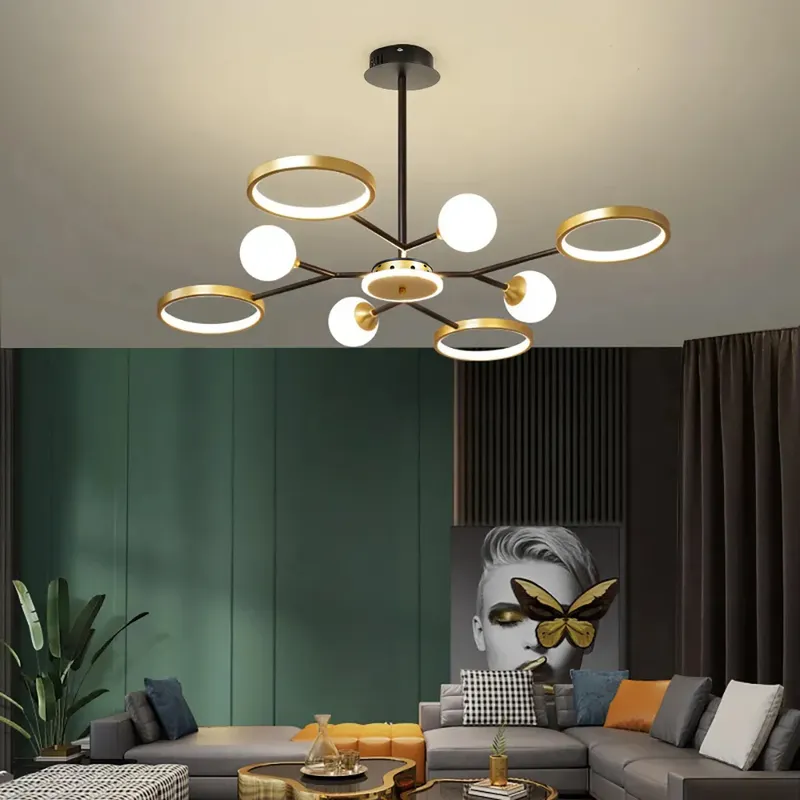 8-Light Chandelier Warm Ceiling Light with Glass Shade