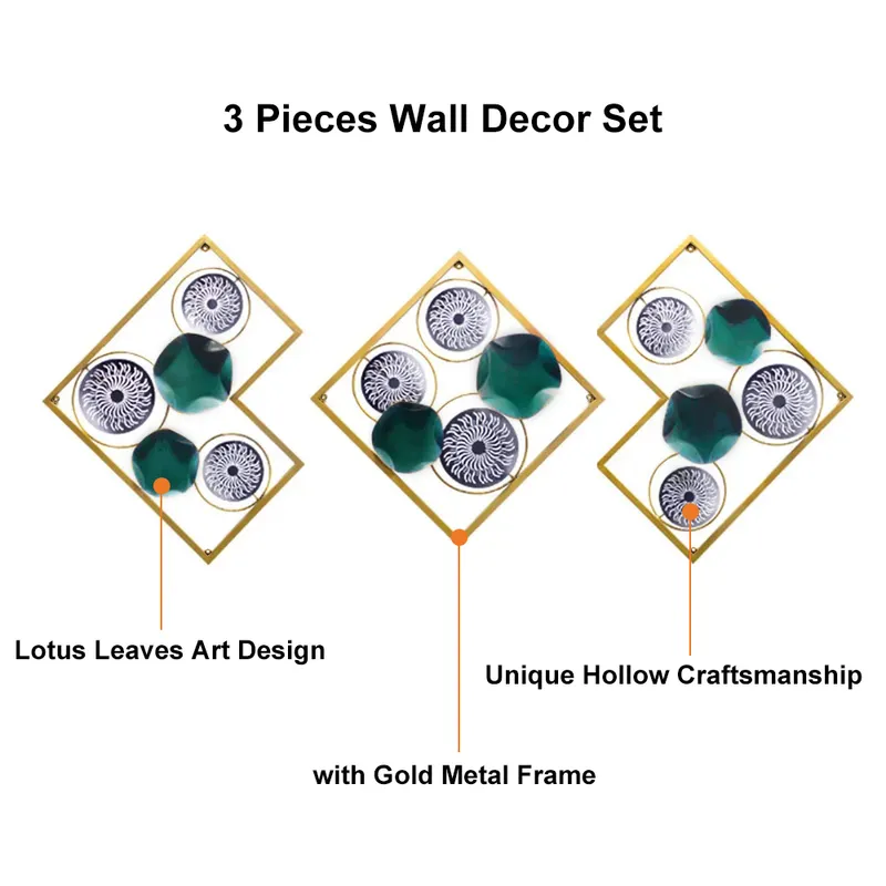 3 Pieces Modern Unique Lotus Leaves Metal Wall Decor Set with Gold Square Frame