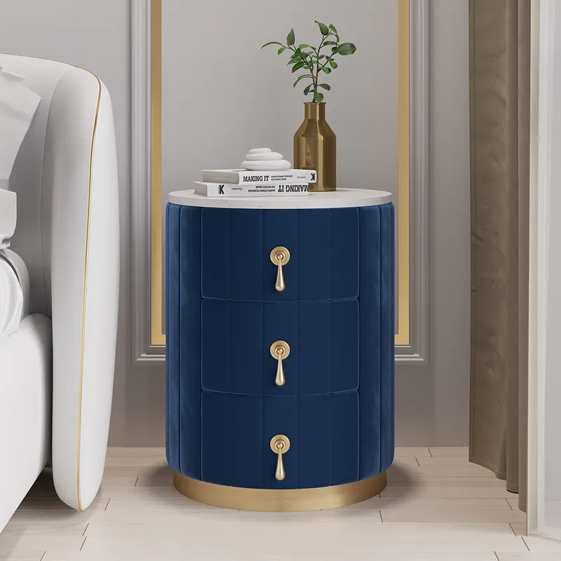 Blue Velvet Nightstand with Storage Sintered Stone Top Round Nightstand with 3 Drawers