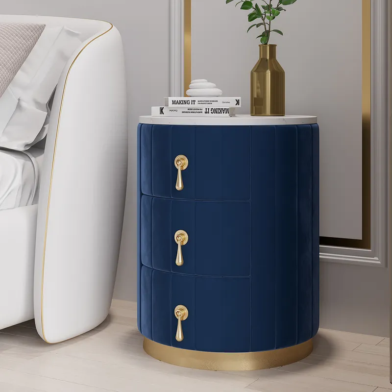 Blue Velvet Nightstand with Storage Sintered Stone Top Round Nightstand with 3 Drawers