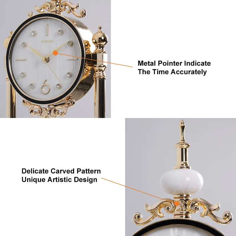 Traditional Metal Gold Round Mantel & Table Top Clock with Pendulum White Marble Base