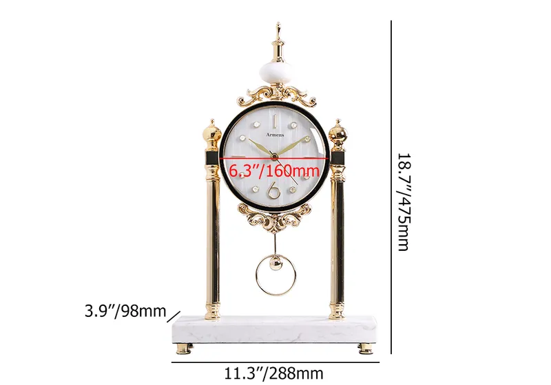 Traditional Metal Gold Round Mantel & Table Top Clock with Pendulum White Marble Base